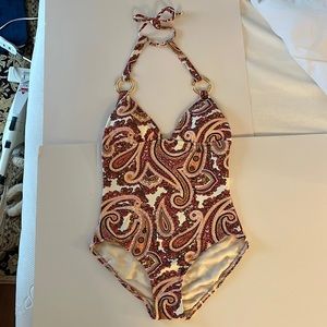 DKNY Pink Paisley Print One-Piece Swimsuit with Goldtone Hardware